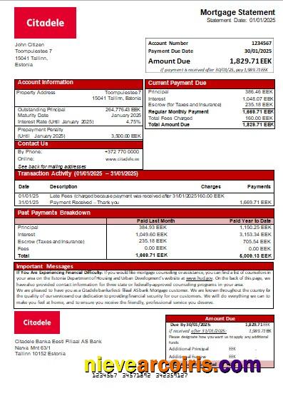 Estonia Citadele banka Eesti filiaal AS bank mortgage statement